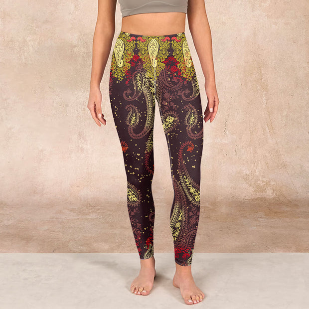 Buddha Stones Reddish-brown Cashew Flower Vines Print Gym Leggings Women's Yoga Pants - image 2