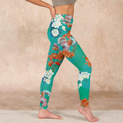 Buddha Stones Green Orange Beige Floral Print Gym Leggings Women's Yoga Pants