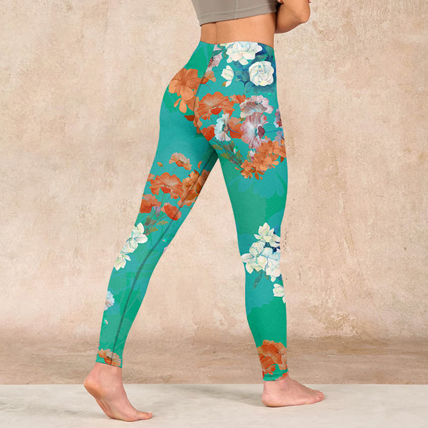 Buddha Stones Green Orange Beige Floral Print Gym Leggings Women's Yoga Pants