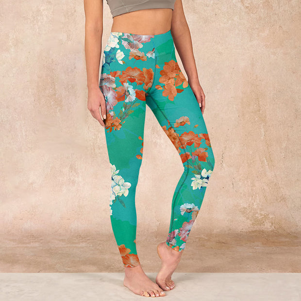 Buddha Stones Green Orange Beige Floral Print Gym Leggings Women's Yoga Pants Leggings BS Turquoise US18，UK/AU22，EU50 (4XL)