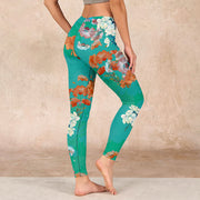 Buddha Stones Green Orange Beige Floral Print Gym Leggings Women's Yoga Pants