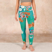 Buddha Stones Green Orange Beige Floral Print Gym Leggings Women's Yoga Pants Leggings BS 1