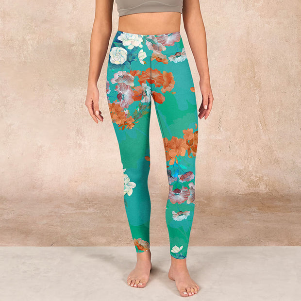 Buddha Stones Green Orange Beige Floral Print Gym Leggings Women's Yoga Pants