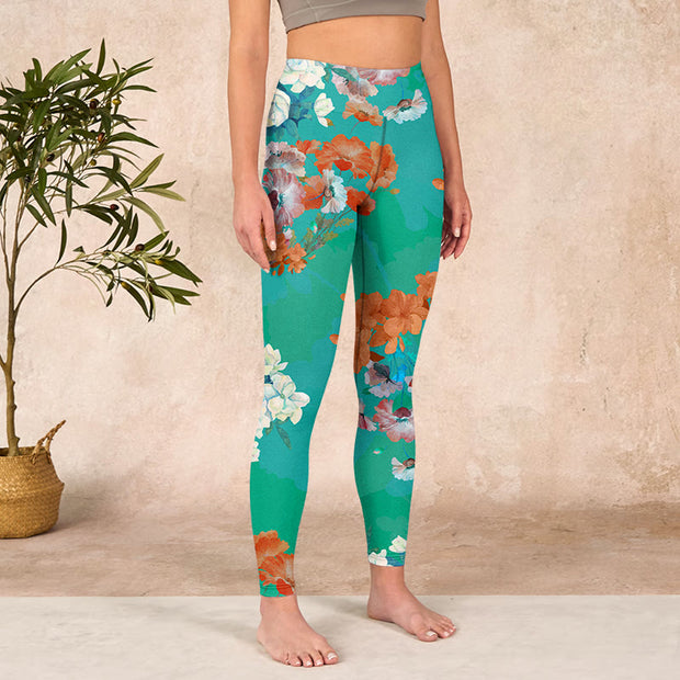 Buddha Stones Green Orange Beige Floral Print Gym Leggings Women's Yoga Pants Leggings BS 3