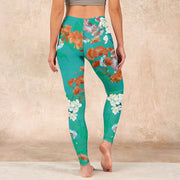 Buddha Stones Green Orange Beige Floral Print Gym Leggings Women's Yoga Pants Leggings BS 15