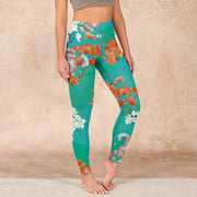 Buddha Stones Green Orange Beige Floral Print Gym Leggings Women's Yoga Pants - Turquoise - US18，UK/AU22，EU50 (4XL) - image 1