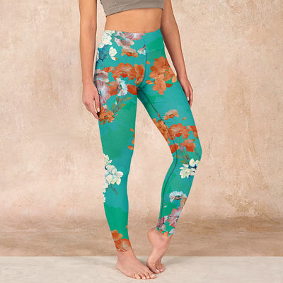 Buddha Stones Green Orange Beige Floral Print Gym Leggings Women's Yoga Pants - Turquoise - US18，UK/AU22，EU50 (4XL) - image 1