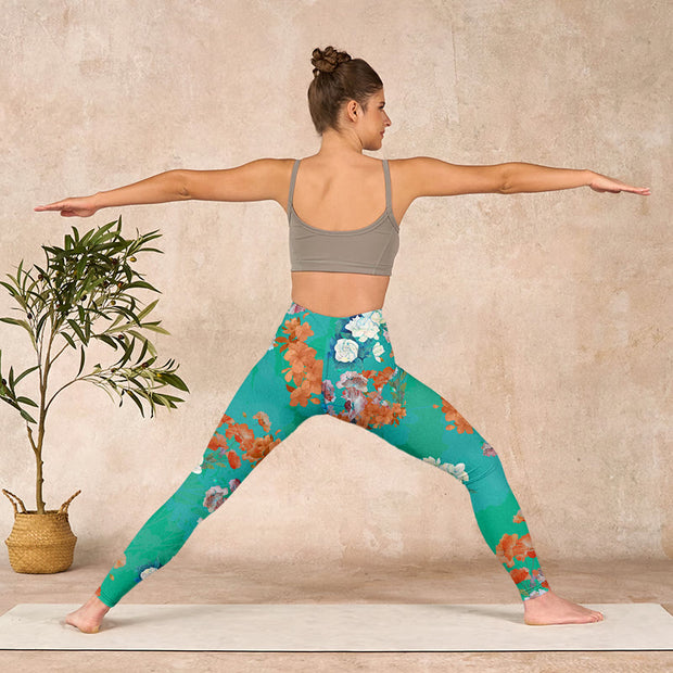 Buddha Stones Green Orange Beige Floral Print Gym Leggings Women's Yoga Pants