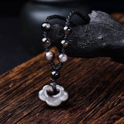 Buddha Stones Natural Silver Sheen Obsidian Auspicious Clouds Protection Soothing Necklace Pendant Necklaces & Pendants BS Silver Sheen Obsidian & Four-Strand Rope