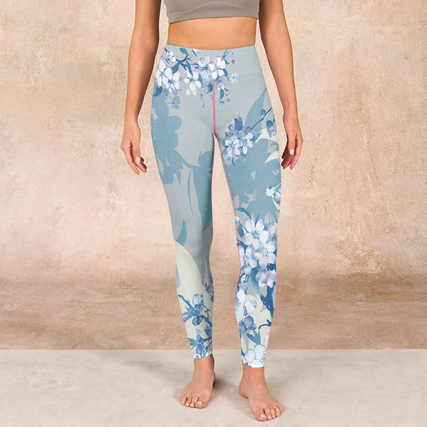 Buddha Stones White Blue Flowers Print Gym Leggings Women's Yoga Pants Leggings BS 1