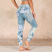 Buddha Stones White Blue Flowers Print Gym Leggings Women's Yoga Pants