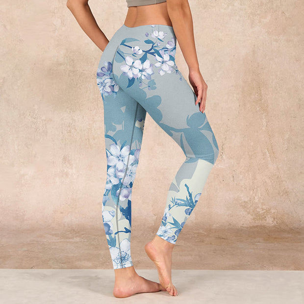 Buddha Stones White Blue Flowers Print Gym Leggings Women's Yoga Pants Leggings BS 2