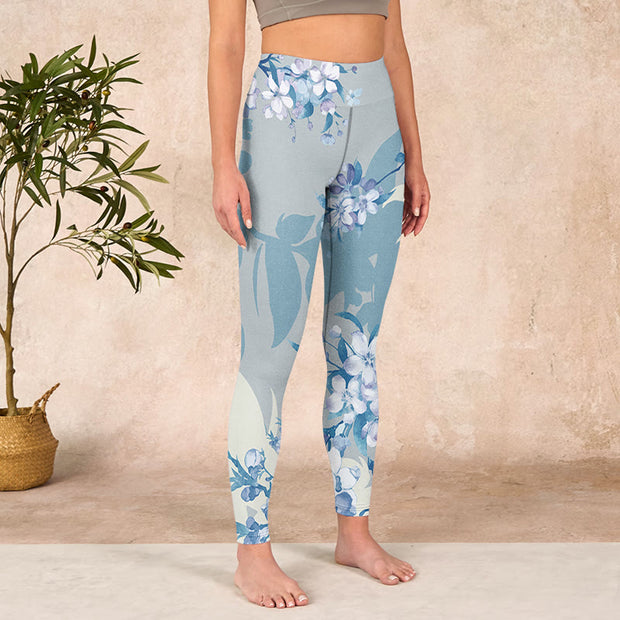 Buddha Stones White Blue Flowers Print Gym Leggings Women's Yoga Pants - image 4
