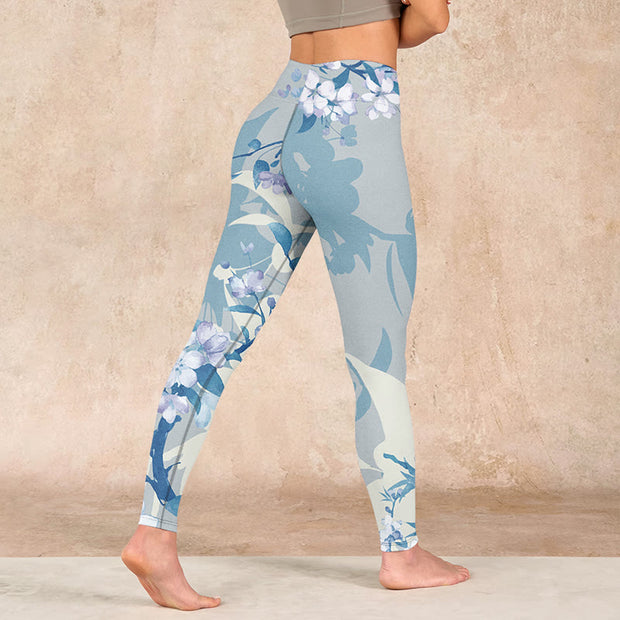Buddha Stones White Blue Flowers Print Gym Leggings Women's Yoga Pants - image 5