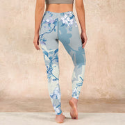 Buddha Stones White Blue Flowers Print Gym Leggings Women's Yoga Pants Leggings BS 15