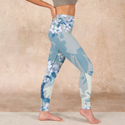 Buddha Stones White Blue Flowers Print Gym Leggings Women's Yoga Pants Leggings BS 17