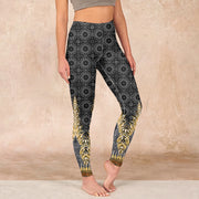 Buddha Stones Dark Gray Geometric Gold Feather Print Gym Leggings Women's Yoga Pants