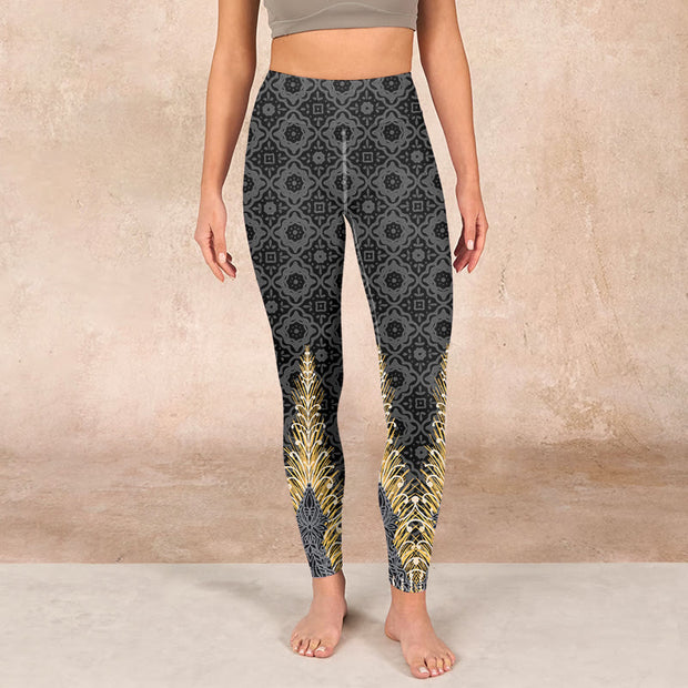 Buddha Stones Dark Gray Geometric Gold Feather Print Gym Leggings Women's Yoga Pants