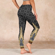 Buddha Stones Dark Gray Geometric Gold Feather Print Gym Leggings Women's Yoga Pants