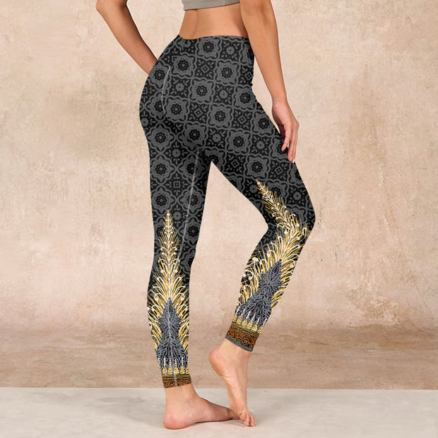 Buddha Stones Dark Gray Geometric Gold Feather Print Gym Leggings Women's Yoga Pants Leggings BS 2