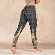 Buddha Stones Dark Gray Geometric Gold Feather Print Gym Leggings Women's Yoga Pants