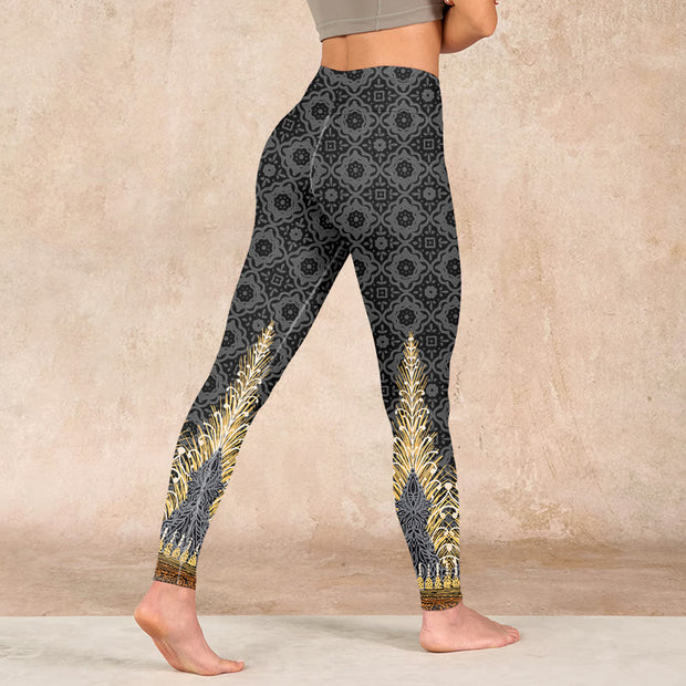 Buddha Stones Dark Gray Geometric Gold Feather Print Gym Leggings Women's Yoga Pants Leggings BS 4