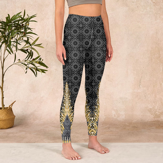 Buddha Stones Dark Gray Geometric Gold Feather Print Gym Leggings Women's Yoga Pants Leggings BS 3