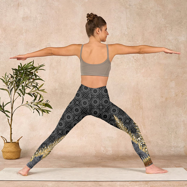 Buddha Stones Dark Gray Geometric Gold Feather Print Gym Leggings Women's Yoga Pants