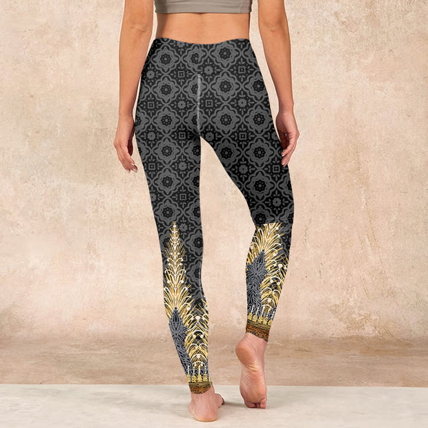 Buddha Stones Dark Gray Geometric Gold Feather Print Gym Leggings Women's Yoga Pants