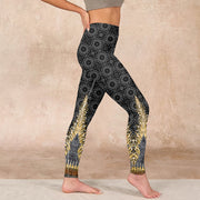 Buddha Stones Dark Gray Geometric Gold Feather Print Gym Leggings Women's Yoga Pants