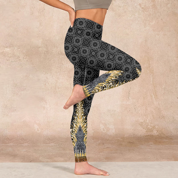 Buddha Stones Dark Gray Geometric Gold Feather Print Gym Leggings Women's Yoga Pants Leggings BS 16