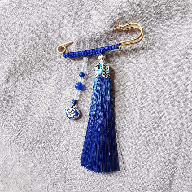 Buddha Stones Vintage Chalcedony Beads Tassels Positive Brooch Brooch BS Royal Blue