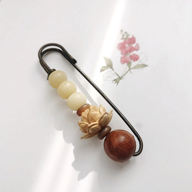 Buddha Stones Vintage Bodhi Seed Boxwood Lotus Sandalwood Bead Peace Brooch Brooch BS 1