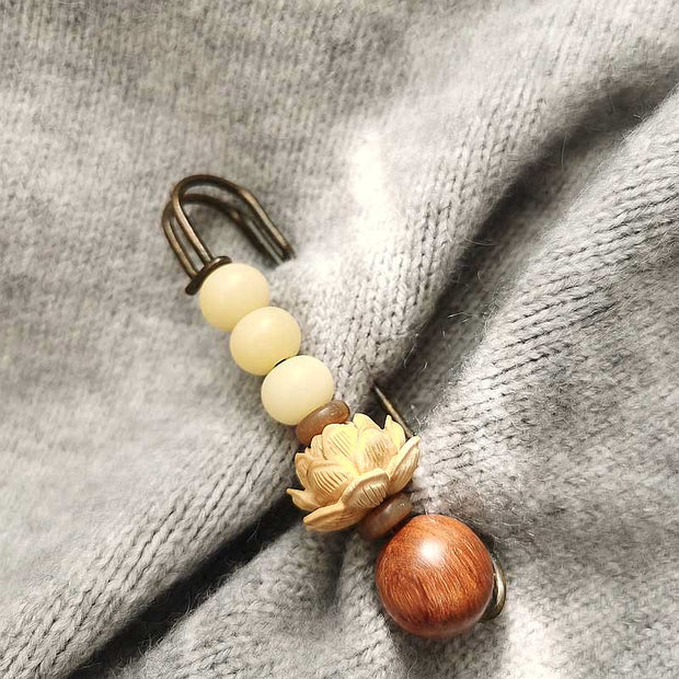 Buddha Stones Vintage Bodhi Seed Boxwood Lotus Sandalwood Bead Peace Brooch Brooch BS 2