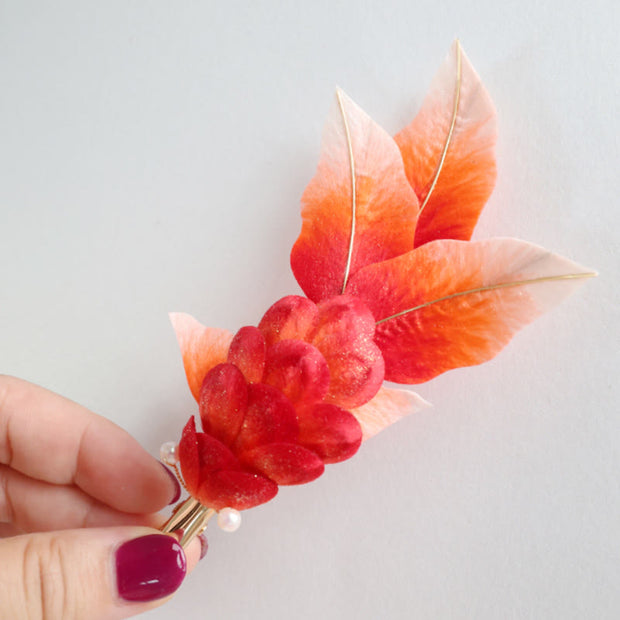 Buddha Stones Handmade Yangzhou Velvet Flower Mulberry Silk Red Koi Fish Leaves Brooch Hair Clip