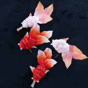 Buddha Stones Handmade Yangzhou Velvet Flower Mulberry Silk Red Koi Fish Leaves Brooch Hair Clip