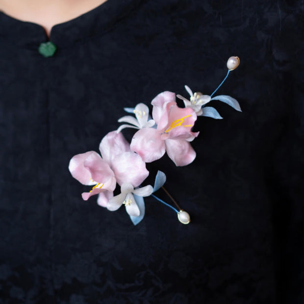 Buddha Stones Handmade Velvet Flower Mulberry Silk Pink Iris Vine Brooch Hairpin