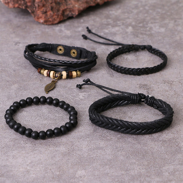 FREE Today: Courage and Confidence Leaf Multi-layer Twisted Leather Resin Beads Bracelet Set