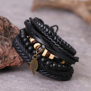 FREE Today: Courage and Confidence Leaf Multi-layer Twisted Leather Resin Beads Bracelet Set