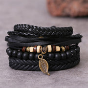 FREE Today: Courage and Confidence Leaf Multi-layer Twisted Leather Resin Beads Bracelet Set