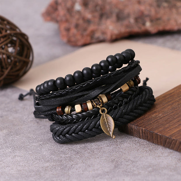 Buddha Stones Leaf Multi-layer Twisted Leather Resin Beads Courage Bracelet Set