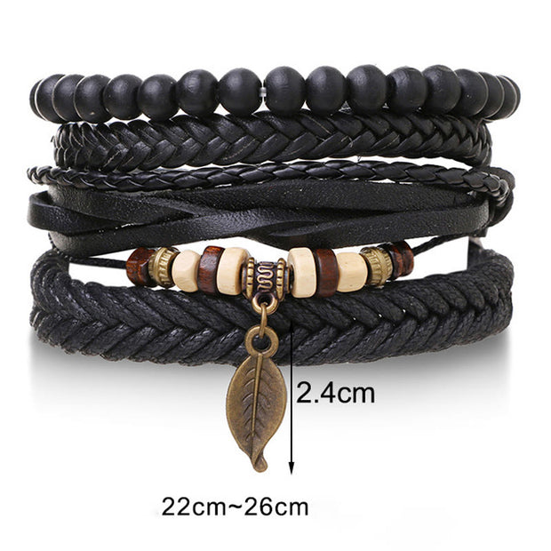 FREE Today: Courage and Confidence Leaf Multi-layer Twisted Leather Resin Beads Bracelet Set