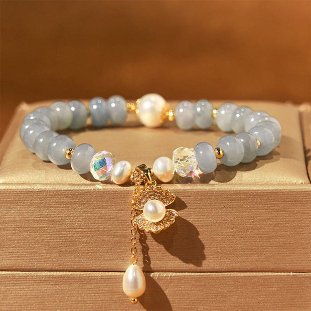 Buddha Stones Natural Aquamarine Pearl Shell Healing Bead Bracelet