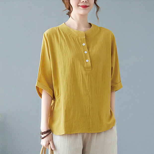 Buddha Stones Women's Plain Batwing Sleeve Design Half Sleeve Cotton Linen Shirt