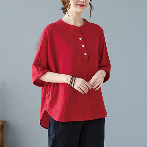 Buddha Stones Women's Plain Batwing Sleeve Design Half Sleeve Cotton Linen Shirt