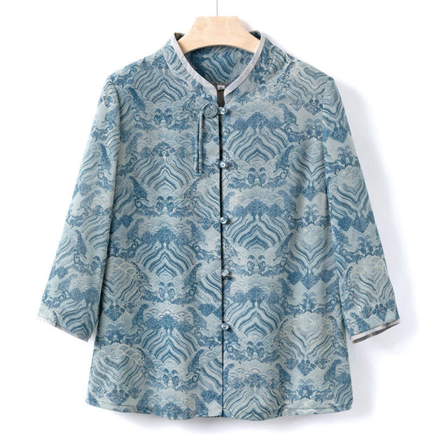 Buddha Stones Solid Color Casual Frog Button Auspicious Cloud Pattern Women's Jacket Shirt Clothing