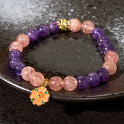 Buddha Stones Year of the Snake Amethyst Strawberry Quartz Flower Charm Healing Bracelet