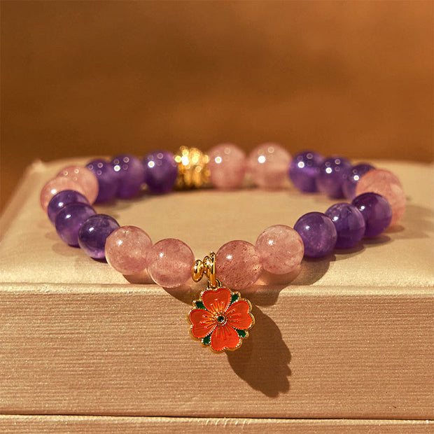 Buddha Stones Year of the Snake Amethyst Strawberry Quartz Flower Charm Healing Bracelet