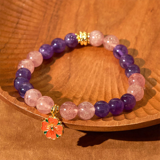 Buddha Stones Year of the Snake Amethyst Strawberry Quartz Flower Charm Healing Bracelet