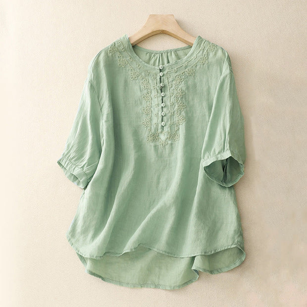 Buddha Stones Casual Women's Plain Frog Buckle Design Half Sleeve Cotton Linen Shirt